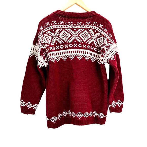 VTG Handmade Knit Wool Cardigan Womens L Red White Chunky Fair Isle Sweater - Picture 7 of 7